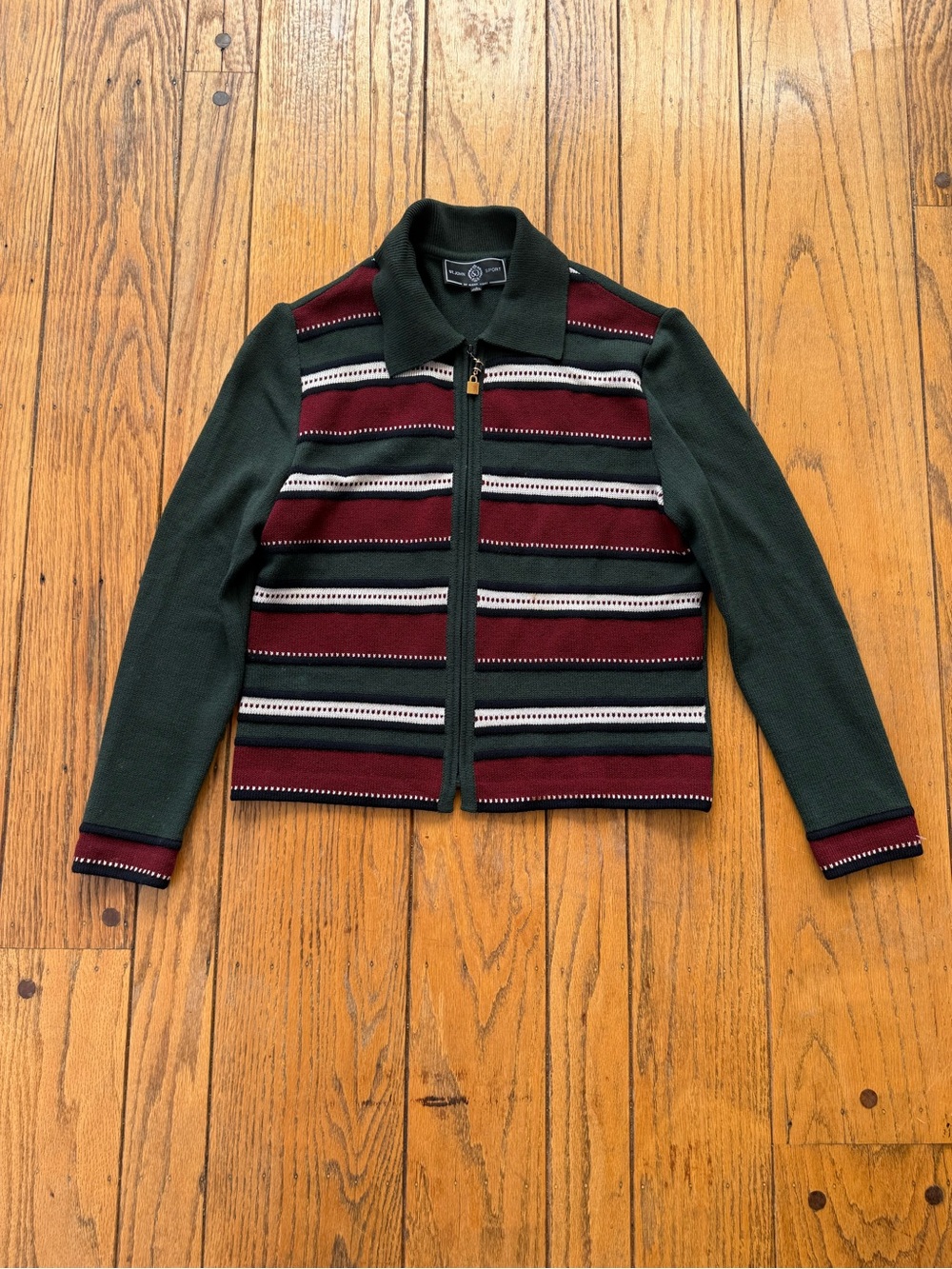 St. John Women’s Vintage Wool Blend Green Burgundy Striped Zip Jacket Size Small